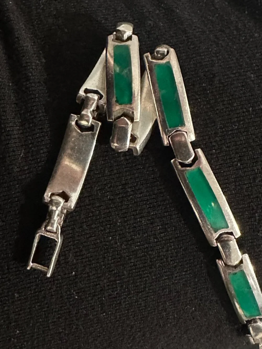 Vintage Sterling Silver 925 Natural Green Chalcedony Inlay 7 Link Heavy Bracelet